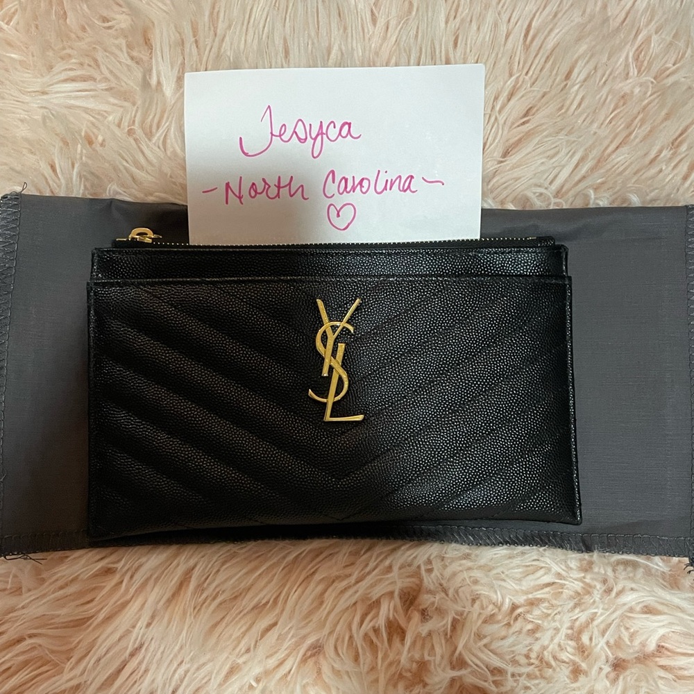 YSL Saint Laurent Black & Gold Hardware Grain De Poudre Bill Pouch Wallet